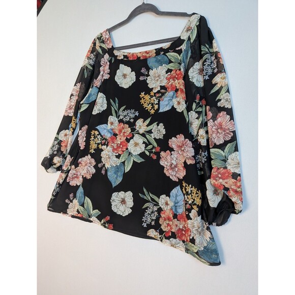 Papermoon Women's 1x Blouse Long Puff Elastic Sleeve Larie Black Floral Fix - Picture 7 of 10